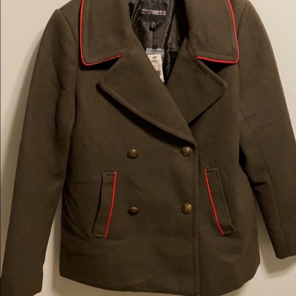 Express Brown Peacoat with Red Accents